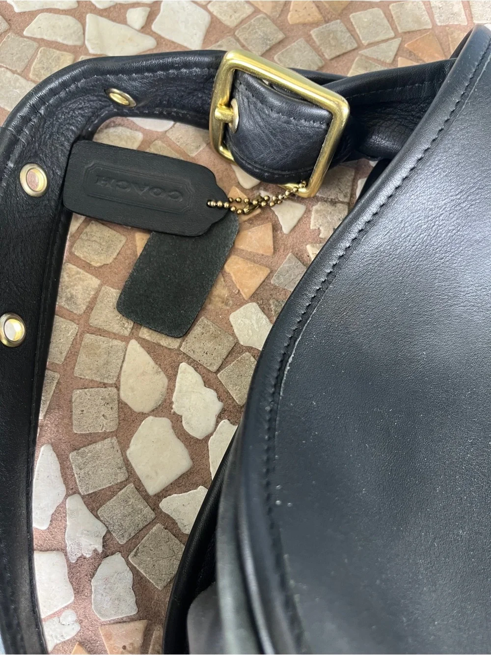 Black Leather Crossbody Saddle Bag with Gold Hardware